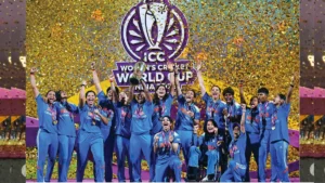 Indian Women's National Cricket Team players celebrate after a major victory during an international cricket match.