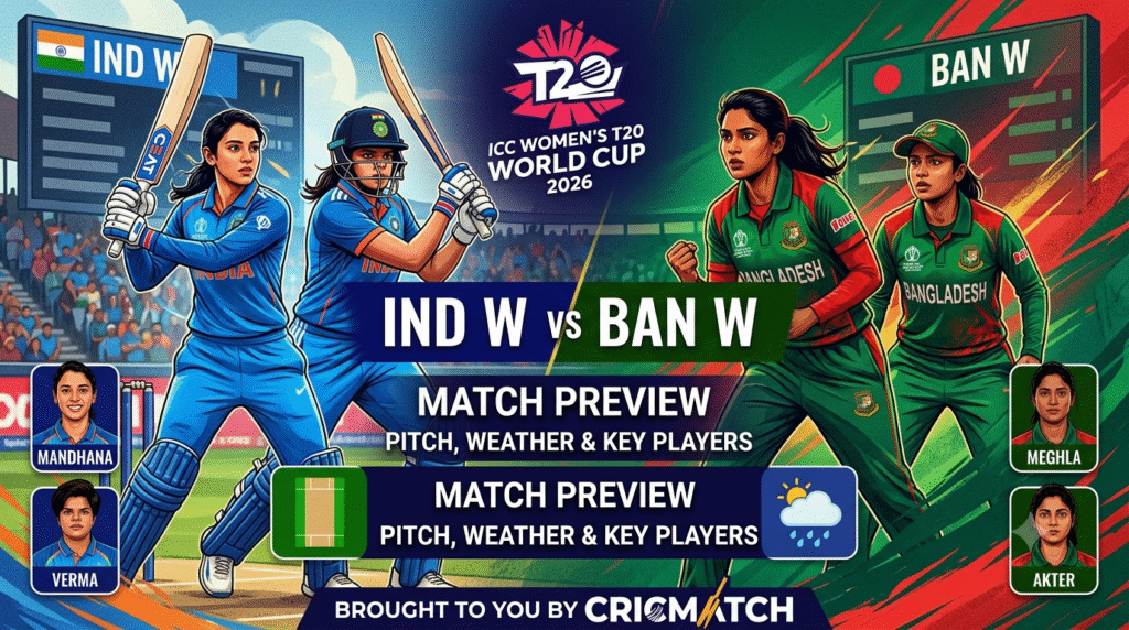 llustrated banner for India Women vs Bangladesh Women match preview in the ICC Women’s T20 World Cup 2026. Features Smriti Mandhana and Shafali Verma in blue Indian jerseys alongside Sanjida Akter Meghla and Nahida Akter in green Bangladesh jerseys with a stadium background and weather symbols.