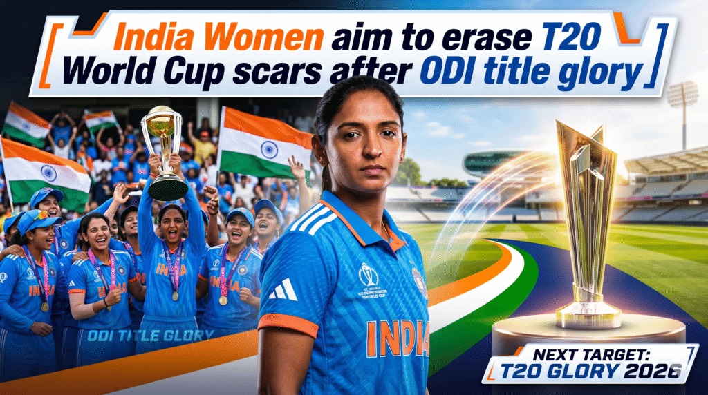 India Women cricket captain Harmanpreet Kaur alongside the T20 World Cup trophy, highlighting the team's next major target after their historic ODI title celebration.