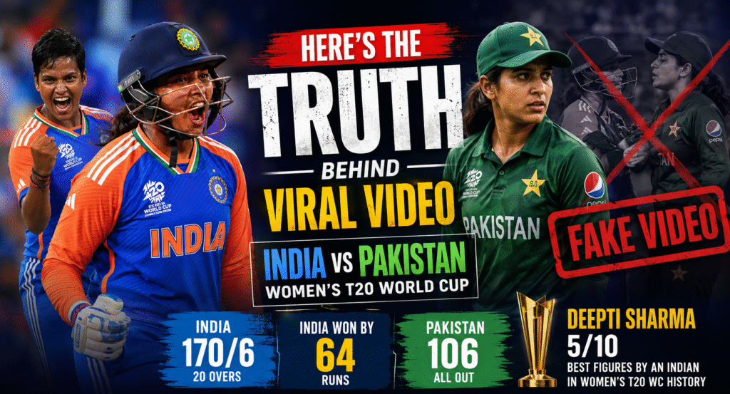 India vs Pakistan Women’s T20 World Cup match graphic showing India’s 170/6 victory over Pakistan 106 all out, featuring Deepti Sharma’s 5/10 spell and viral fake video controversy.