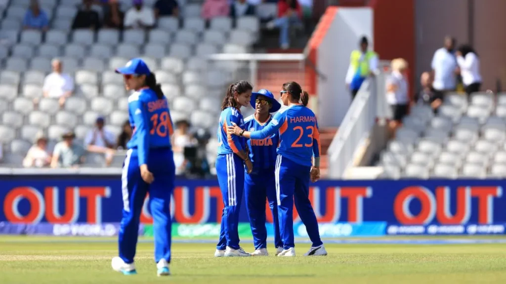 Split-screen graphic for India Women T20 WC 2026 exit showing a dejected Indian cricketer holding a bat at Lord's on the left, and celebrating Australian players Ellyse Perry and Ashleigh Gardner on the right, with text overlay: "170 Runs and Still Going Home."