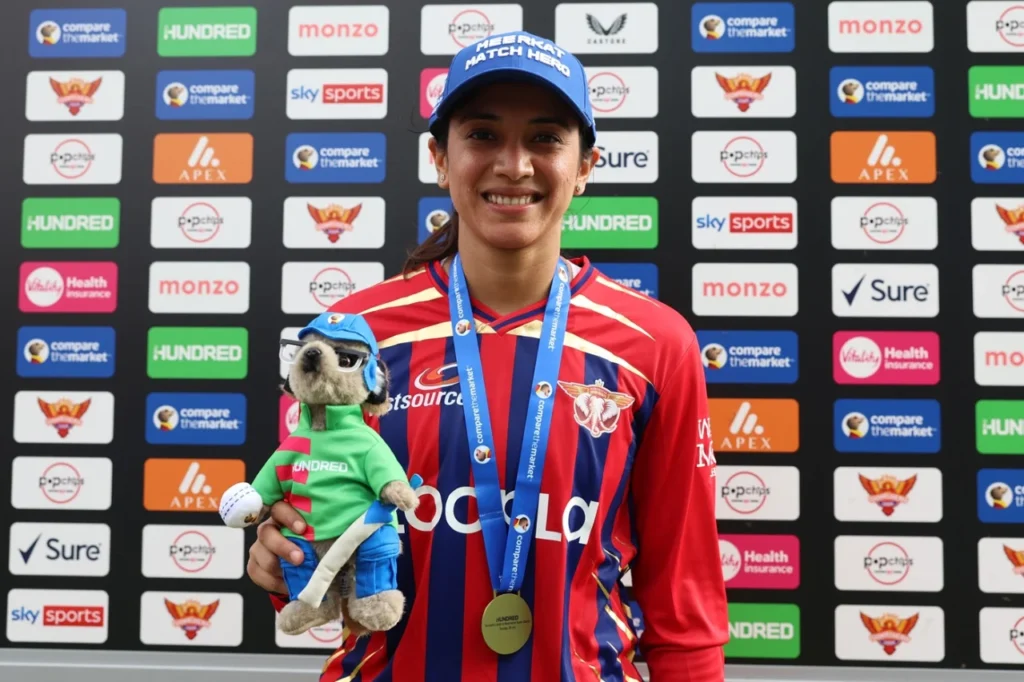 Smriti Mandhana celebrates after leading Manchester Super Giants to victory with an unbeaten 88 in a thrilling women's cricket match at Headingley under stadium lights.