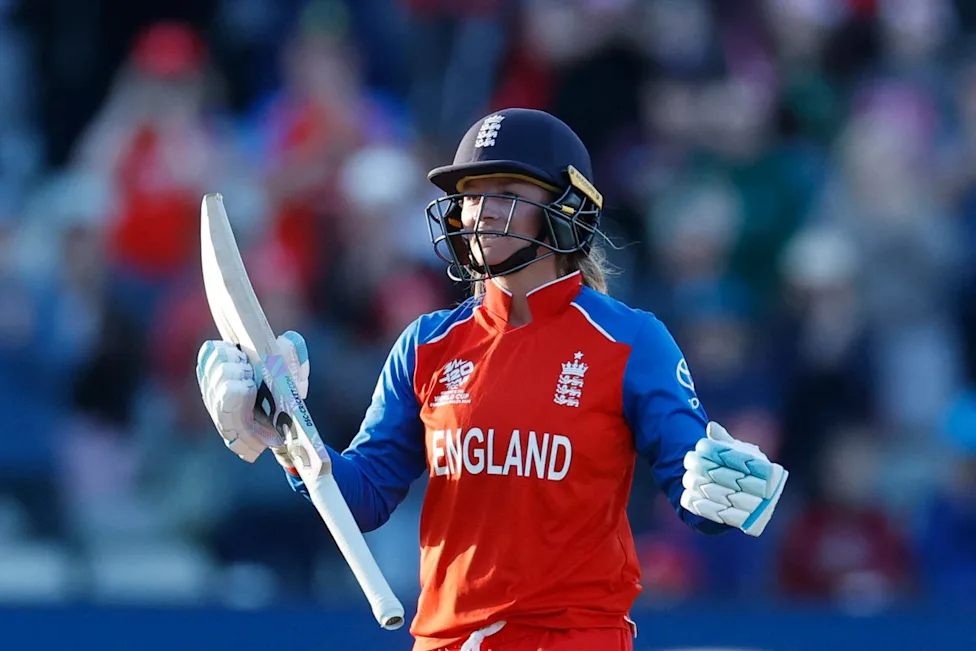 Danni Wyatt-Hodge celebrates a century at Edgbaston during the ICC Women's T20 World Cup.