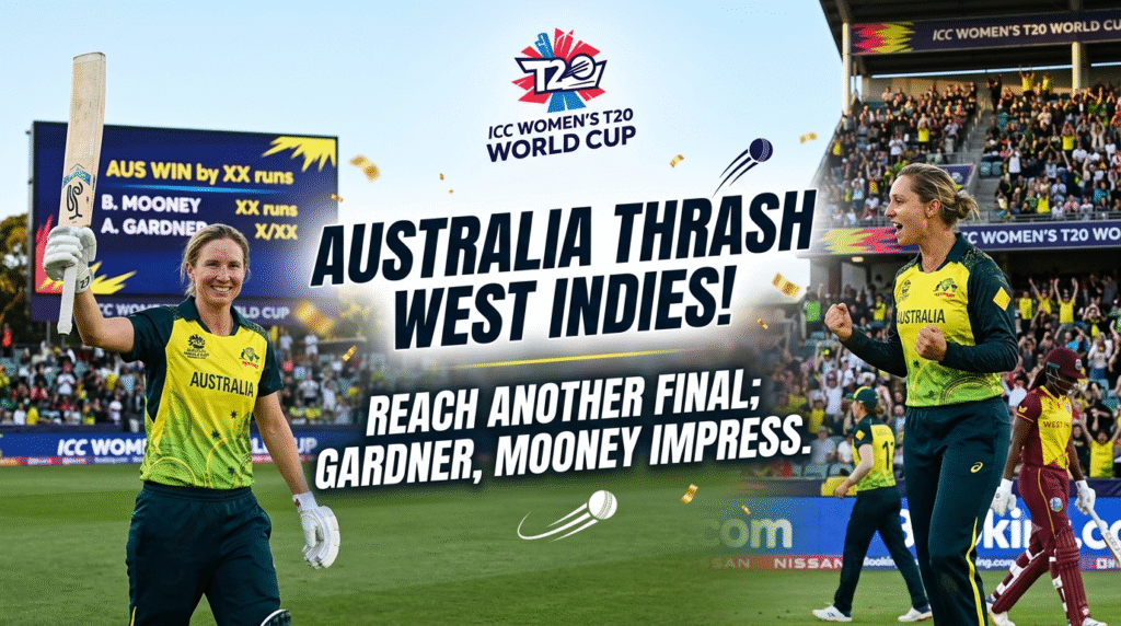 Australian women cricketers celebrate. Text: "Australia thrash West Indies! Reach another Final; Gardner, Mooney impress." Scoreboard details Mooney, Gardner. T20 logo.