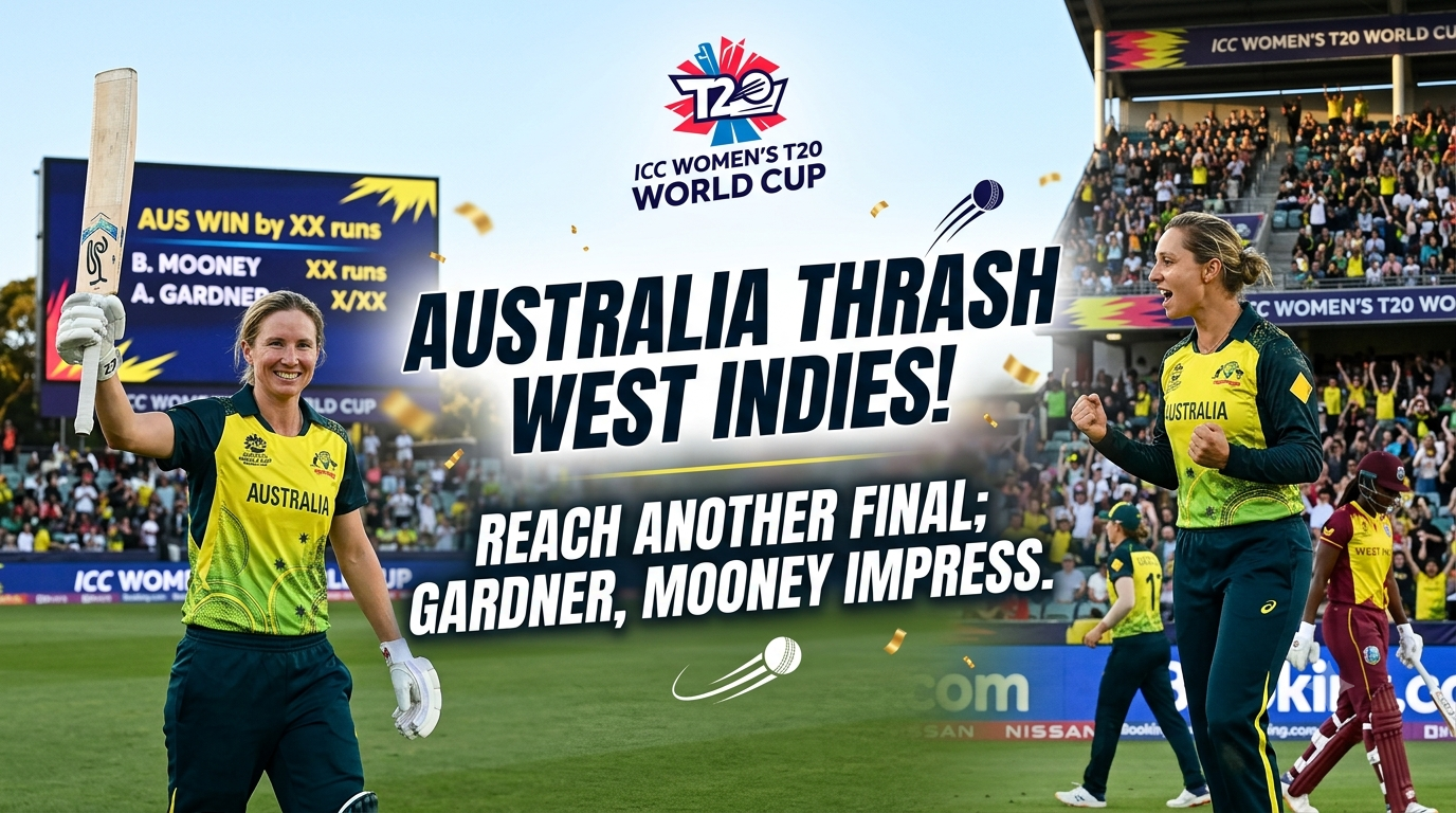 Australian women cricketers celebrate. Text: "Australia thrash West Indies! Reach another Final; Gardner, Mooney impress." Scoreboard details Mooney, Gardner. T20 logo.