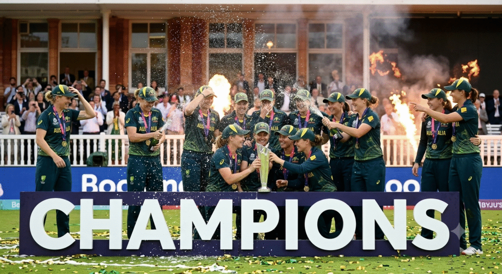 Australian women's cricket team celebrating with the trophy behind a large CHAMPIONS sign at Lord's after winning their seventh Women's T20 World Cup final.