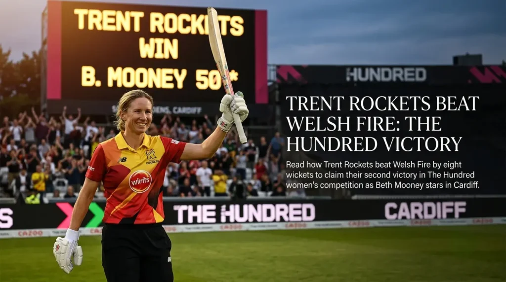 Alt Text: Beth Mooney celebrating her half-century as Trent Rockets beat Welsh Fire at Sophia Gardens in Cardiff during The Hundred.