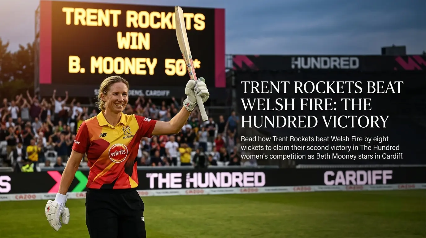 Alt Text: Beth Mooney celebrating her half-century as Trent Rockets beat Welsh Fire at Sophia Gardens in Cardiff during The Hundred.
