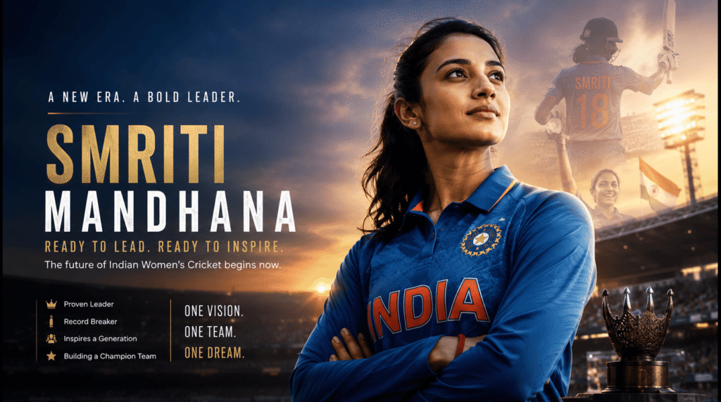 Cinematic hero banner of Smriti Mandhana in the India women's cricket jersey standing confidently in a stadium with dramatic lighting, symbolizing leadership, captaincy, and the future of Indian women's cricket, with space for editorial headlines.