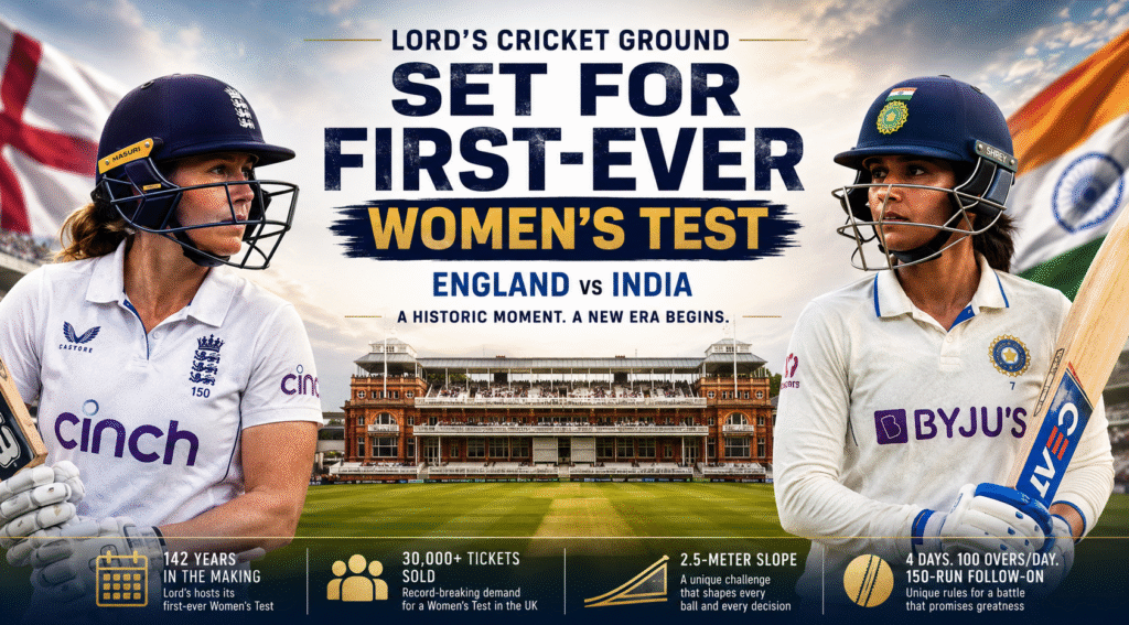Lord's Cricket Ground for the first-ever women's Test match, showcasing the historic red-ball cricket milestone at the Home of Cricket.