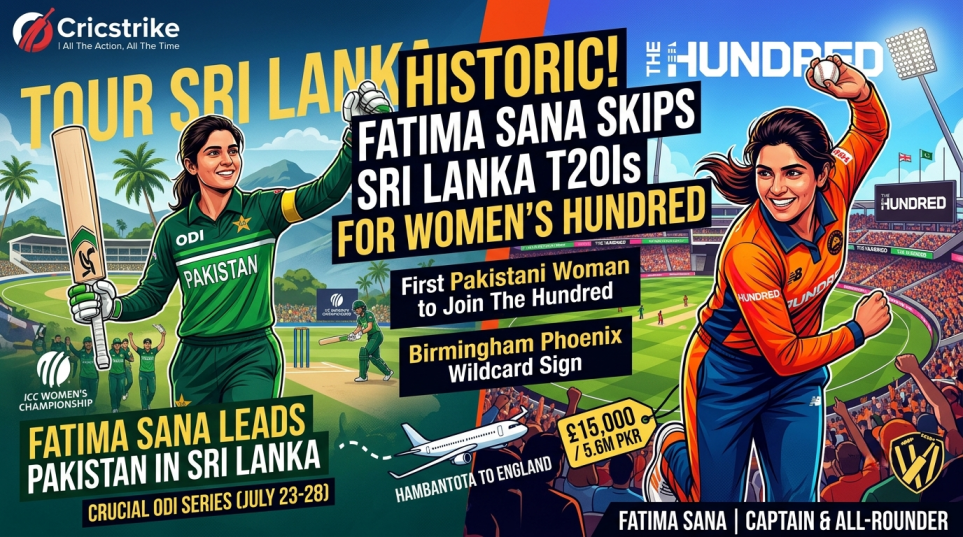 Illustrated landscape cover image featuring Pakistan women's cricket captain Fatima Sana in two jerseys: the green Pakistan ODI kit and the orange Birmingham Phoenix kit for The Hundred, symbolizing her transition from the Sri Lanka tour to her historic English franchise contract.