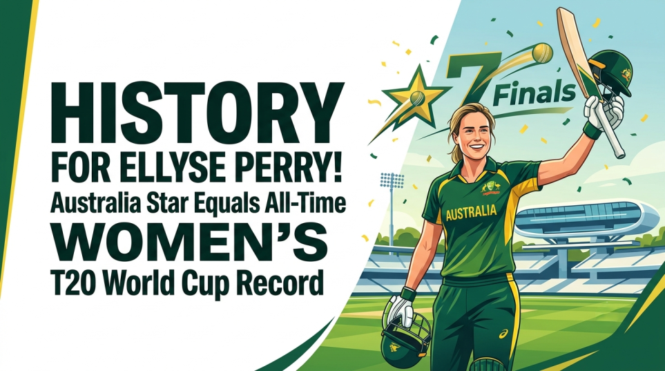 Premium vector illustration of Australian cricketer Ellyse Perry celebrating on the field in a green and gold uniform with a raised bat, commemorating her record-equaling 7th Women's T20 World Cup final appearance.