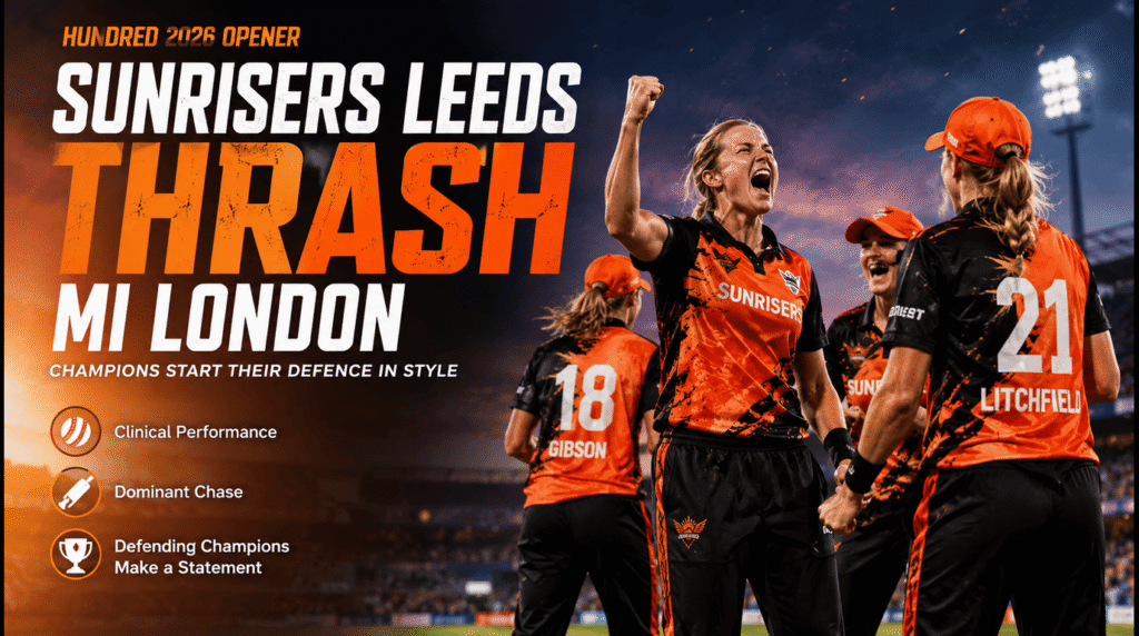 Sunrisers Leeds players celebrate after a dominant seven-wicket victory over MI London during the opening match of The Hundred 2026, with dramatic stadium lighting and a cinematic cricket atmosphere.