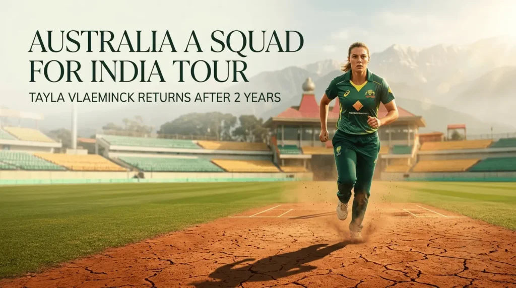Australian fast bowler Tayla Vlaeminck running in to bowl on an Indian cricket pitch, featured in the Australia A squad for India tour banner.