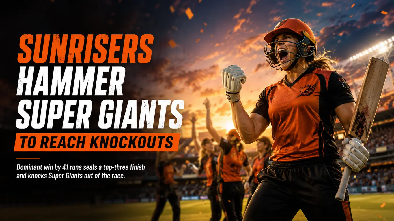 Sunrisers hammer Super Giants celebrate a 41-run victory over Manchester Super Giants to secure a knockout spot in a dramatic cricket match.