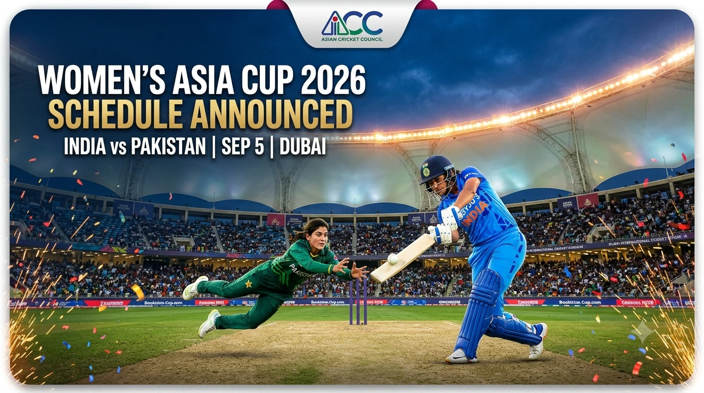 women's asia cup 2026 schedule announced banner featuring india vs pakistan match on september 5 at dubai international cricket stadium
