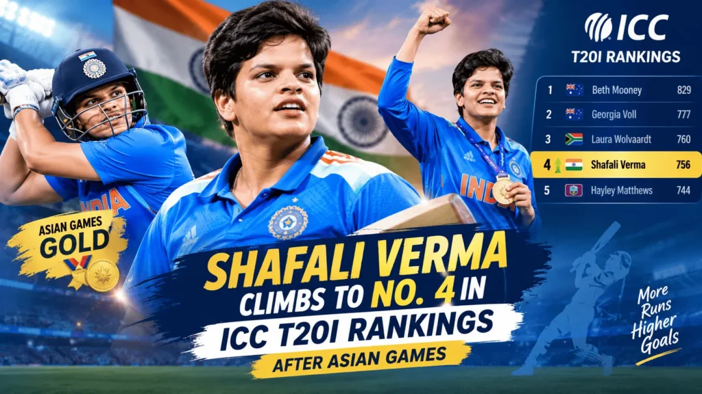 Shafali Verma celebrates her rise to No. 4 in the ICC T20I rankings after a strong Asian Games campaign for India.